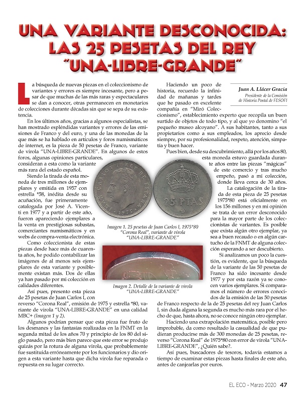 El Eco Filatélico. Artículo de Numismática