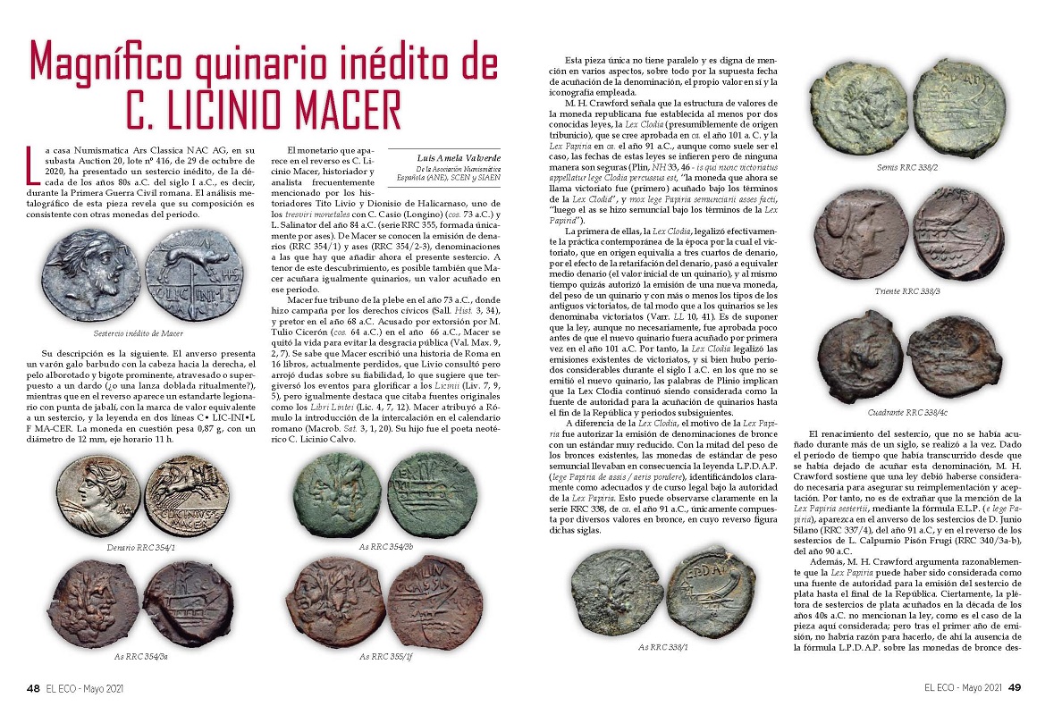 El Eco Filatélico. Artículo de Numismática