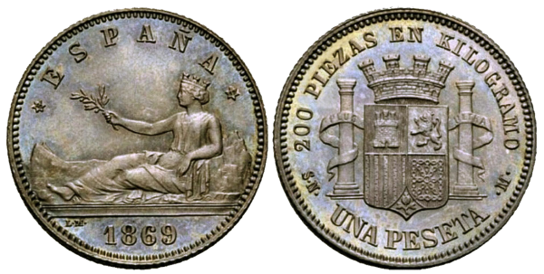 Moneda de 1 peseta acuñada en 1869