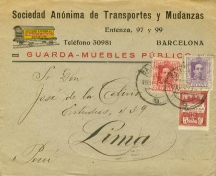 Convenio Postal Hispano-Americano. Carta de 1929 de Barcelona a Lima