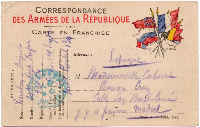 franquicia militar. Tarjeta postal francesa para la correspondencia militar