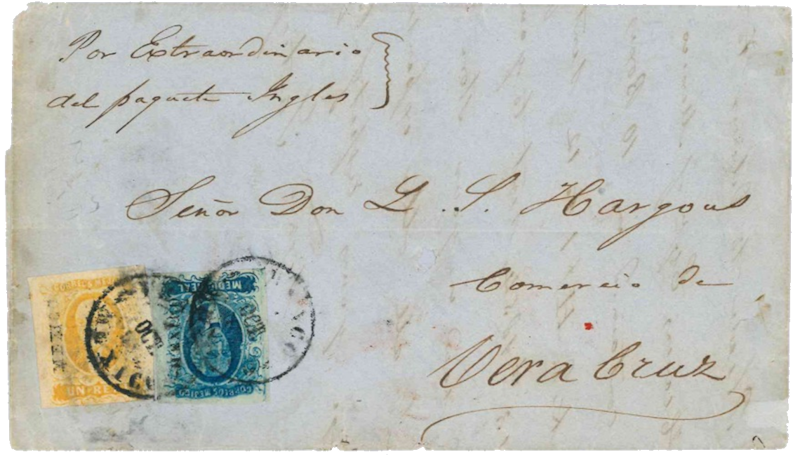 La Primera Emisión de Sellos de México. Carta completa con envío por extraordinario