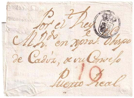 Administración Central de Madrid. Envuelta de carta dirigida al obispado de Cádiz